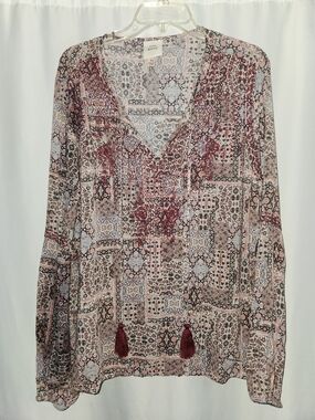 Boho Patchwork V-Neck Long Sleeve Top in Burgundy and Cream #tassel #feminine
